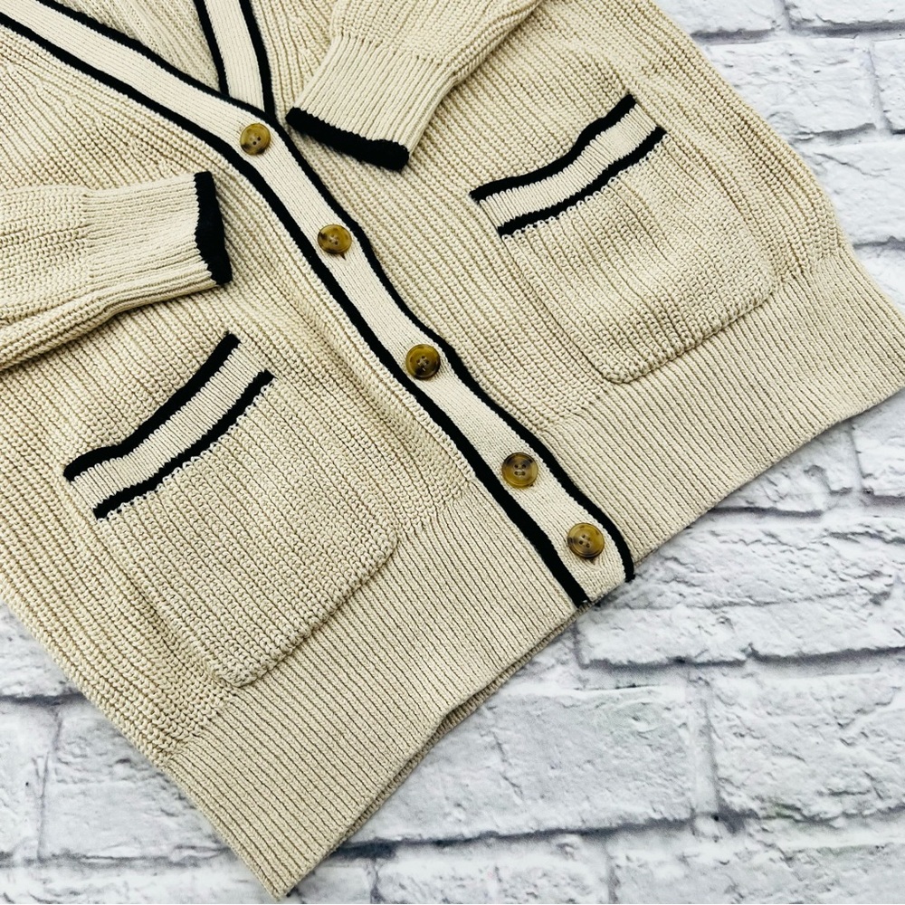 J. Crew Cream Cardigan Sweater Cream Black Chunky Knit Ribbed Size XS - Picture 4 of 8